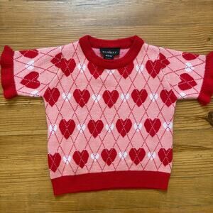 Runway red pink argyle heart knit short ruffle sleeve girls sweater SIZE 8